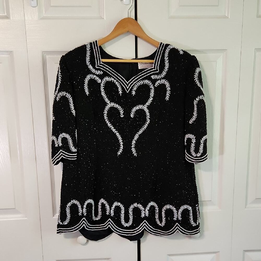 Vintage Creative Touch Black White Beaded Top Size XL Cocktail Luxury Old Money‎
